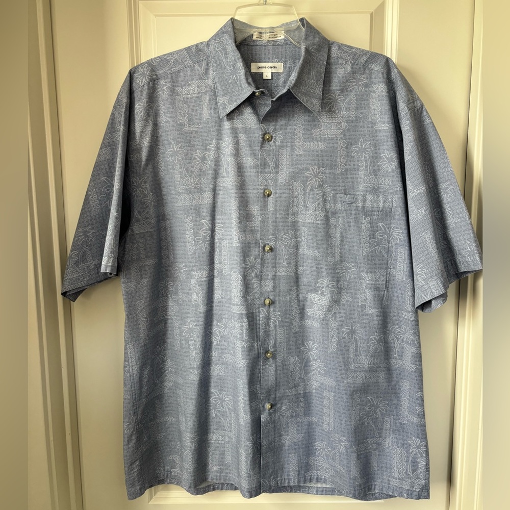 Pierre Cardin Button Down Short Sleeve Hawaiian Shirt, Light Blue/White, Size L